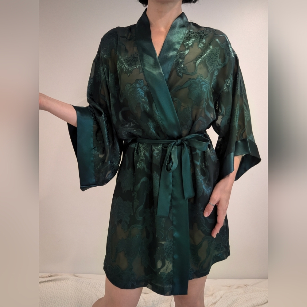 Vintage Victoria's Secret satin robe green satin peignoir medium lingerie
